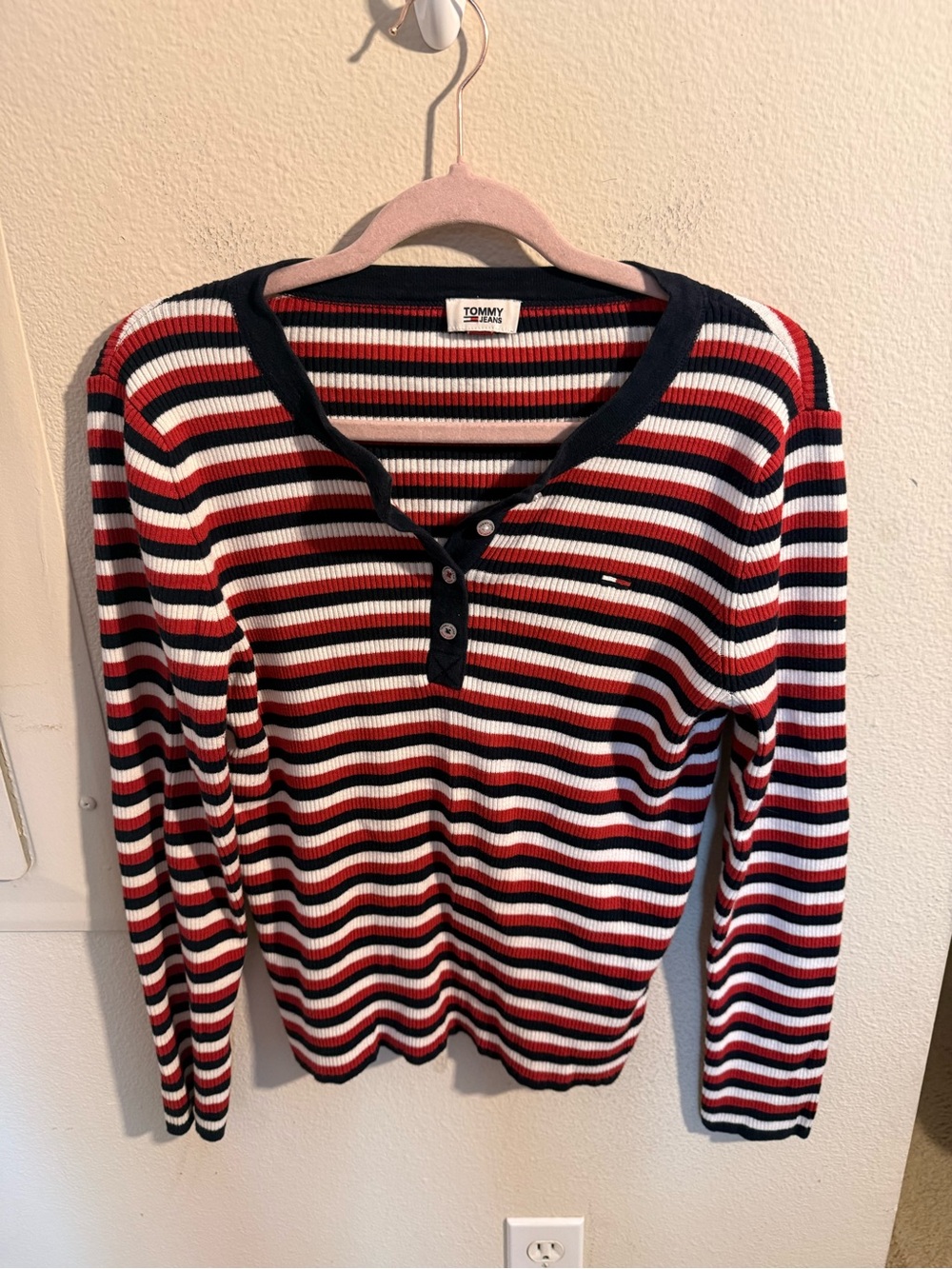 Tommy Jeans Ribbed Stripe Henley Knit Top Navy Red White Large